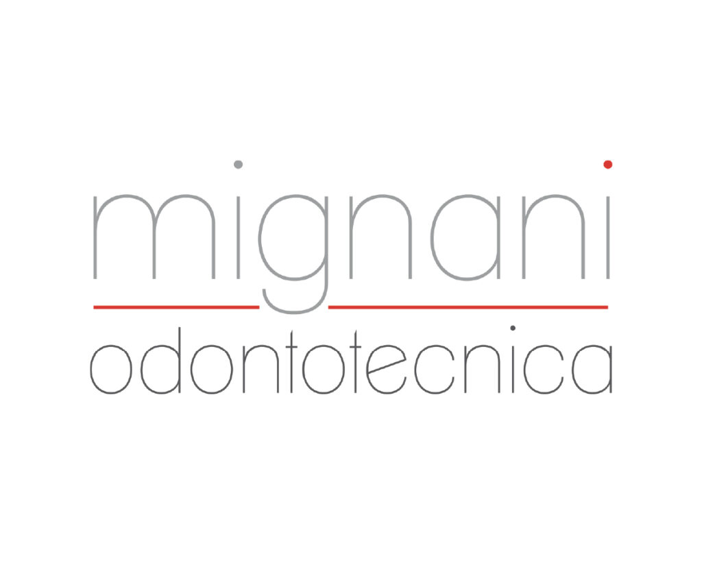 Logo Mignani Odontotecnica con linee e punti rossi