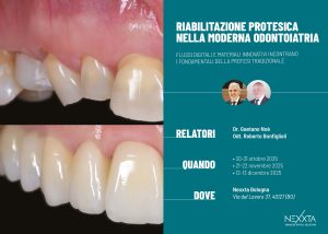 Locandina del corso "Riabilitazione Protesica nella Moderna Odontoiatria" con immagini di restauro dentale.